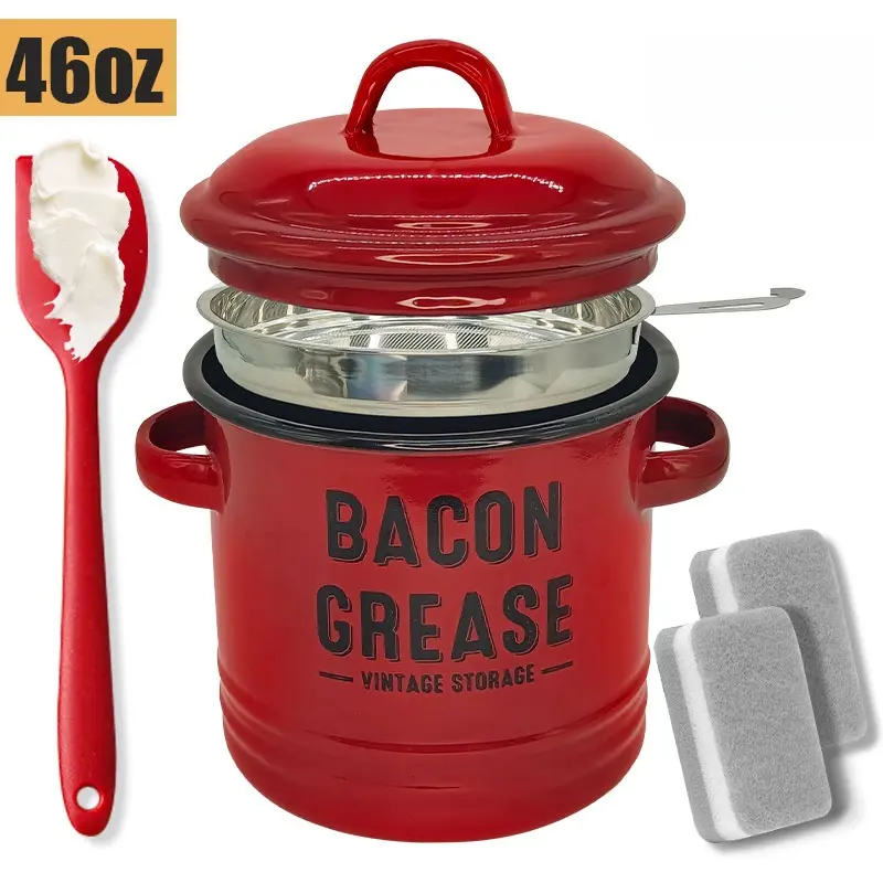 Extra-Thick, Double-Handled Enamel Lard Pot — Heat-Resistant, Food-Grade Storage Jar with Lid and Strainer — Versatile Stewing Vessel & Container — Includes Cleaning Sponge and Scraper
