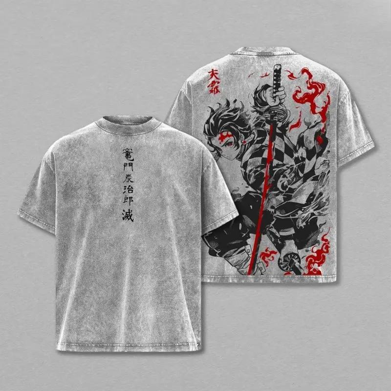 Tanjiro Kamado T-Shirt – Demon Slayer Kimetsu no Yaiba Vintage Washed Oversized Heavy Cotton Anime Manga Tee, Unisex Streetwear Retro Graphic Top Gift for Otaku Fans Unisex 100% Cotton T-shirt