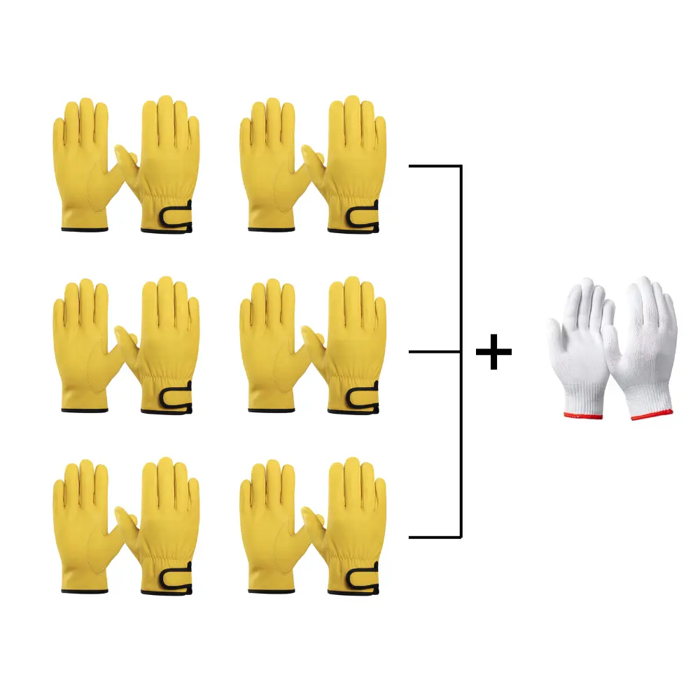 PAKNADA 6-Pair Sheepskin Leather Work Gloves with 1 Bonus Knit Pair, Full-Finger Driver Gloves for Construction, Gardening and Outdoor Work
