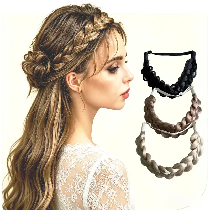 Women's Premium Synthetic Fiber Hand-Braided Headband – Adjustable Elastic Design, Stylish Braided Hair Accessory