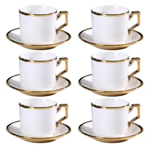 Tea Cups and Saucers with Gold Trim, 3 Ounce White Porcelain Tea Set & Coffee Cups for Latte, Cafe Mocha, Tea-Set of 6,Porcelain Mugs for Kitchen or Cafe(white and gold)