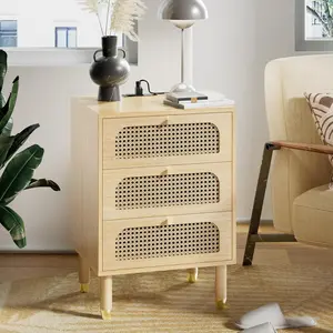 VINGLI Rattan Nightstand with Charging Station, 19" W Nightstand with 3 Drawers for Bedroom, Boho Bed Side Table/End Table, 27" Tall Night Stand for Bedroom