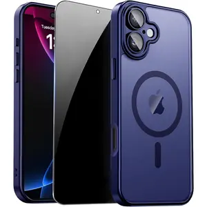 Magnetic for iPhone 17 Case with Privacy Screen Protector and Camera Protection, Compatible with MagSafe Translucent Matte Shockproof Phone Case for iPhone17 Women Girls,Blue