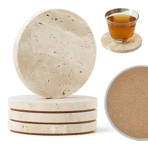 4 Pack 4 Inch Round Natural Travertine Marble Coasters, Non-Slip Cork Backing Stone Drink Coasters, Stain & Scratch Resistant Table Protectors, Ideal Housewarming Wedding Gift for Home Bar