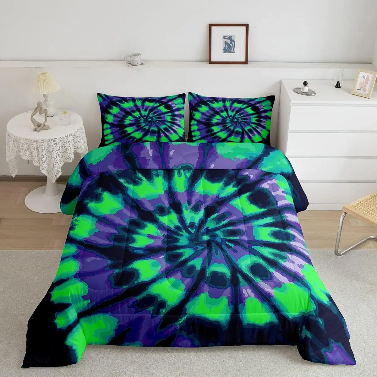 Luxury Bohemian Decorative Bedding Set - Tie Dye Geometric Digital Print Duvet Cover, Soft Breathable Green Blue Swirl Bedding, Multi-Size Queen Option, Machine Washable Bedroom Linens