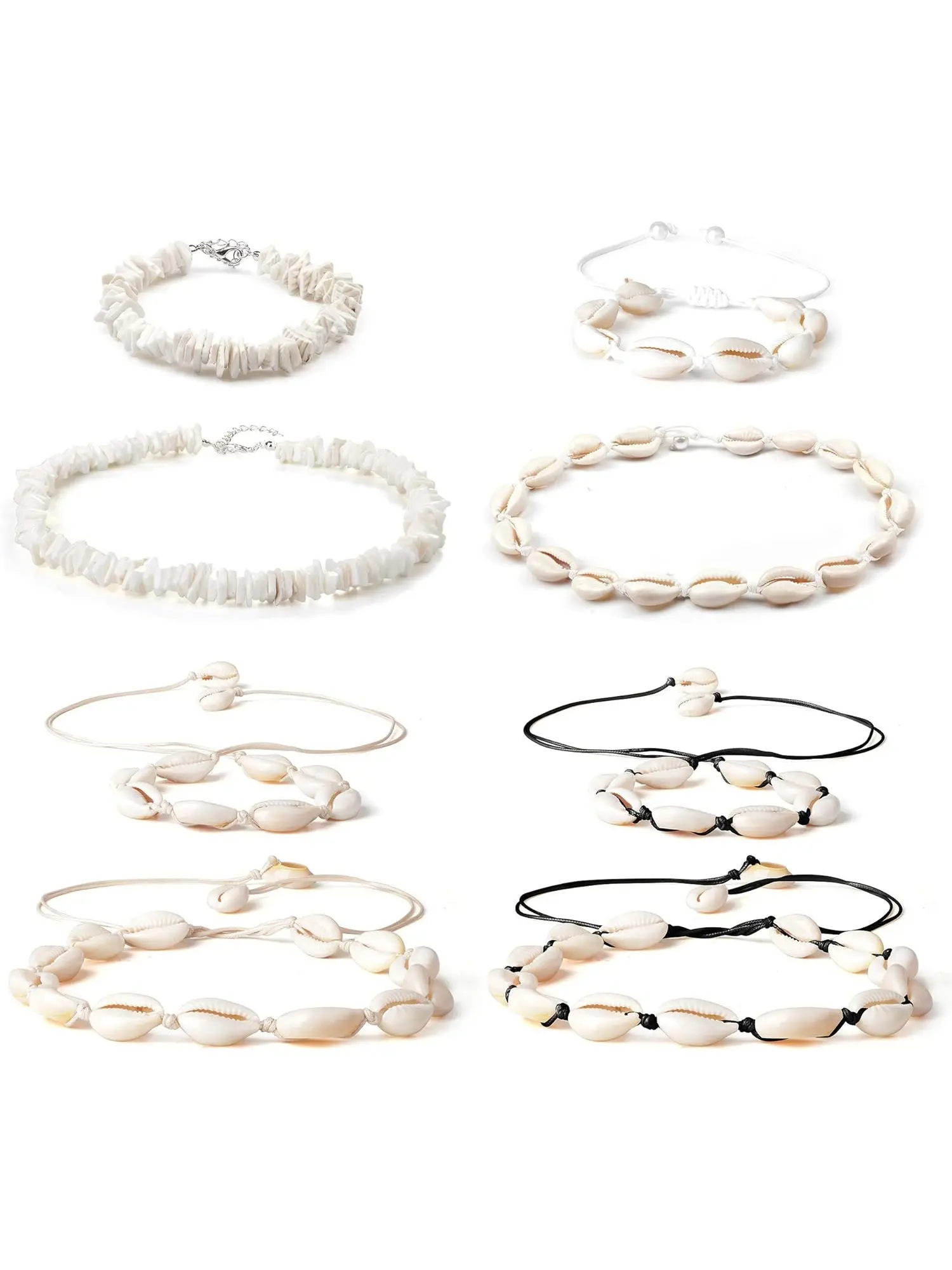 Natural 8 Pcs Stylish Vintage Fashion Jewelry Set Shell Chokers Necklaces Anklets for Women Men Chips Cowrie Puka Vsco Clam Cord Waikiki Summer Beach Adjustable Necklace Bracelets Ankle Body Set