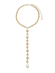 Ettika Deep Drop Pearl Lariat Necklace 18k Gold & Silver Plated with Cubic Zirconia & Freshwater Pearl 15" Length Adjustable Lobster Clasp Closure
