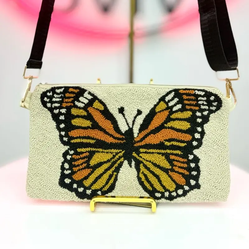 Tufted Crossbody Bag | Handmade Monarch Butterfly Crossbody Bag | Embroidered Artisan Shoulder Purse | Boho Butterfly Clutch