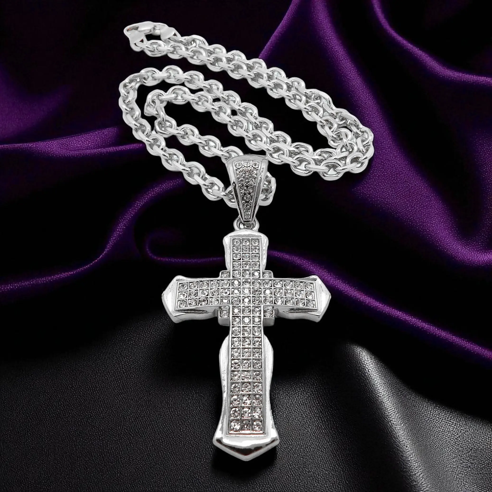 MaxBling81 Men's Hip Hop Cross Necklace, Silver-Plated Pendant with Large Cubic Zirconia, Polished 7mm Long Link Chain, Celebrity-Inspired Daily Wear, 18-24in, Cross Chain Design, 18-20-24In