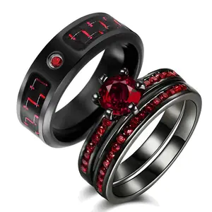 Ringcrown Couple Ring Bridal Sets His Hers Women Black & Red Cz Men Titanium Wedding Ring Band Set