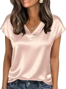 Women's Satin V-Neck Loose Fit Casual Top Shirts, Elegant Ladies' Blouse for Everyday Wear, Stylish and Comfortable Smooth Fashion Piece