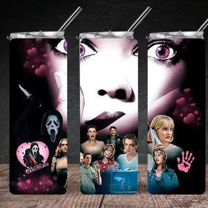 90s Horror Movie Scream Steel 20oz Ghostface Tumbler with Iconic Characters and Heart Motifs Drinkware