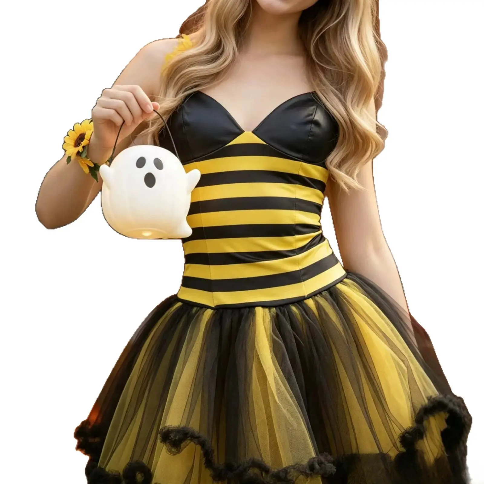 Women's Bee Costume Set, 2-Piece Cute Striped Strapless Corset & Smooth Tulle Tutu Skirt for Halloween Carnival Cosplay