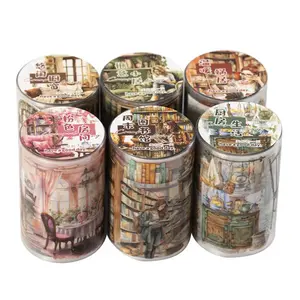 6 styles of 12m lifestyle scene landscaping tape, retro style, PET waterproof material, DIY journaling decoration base material tape