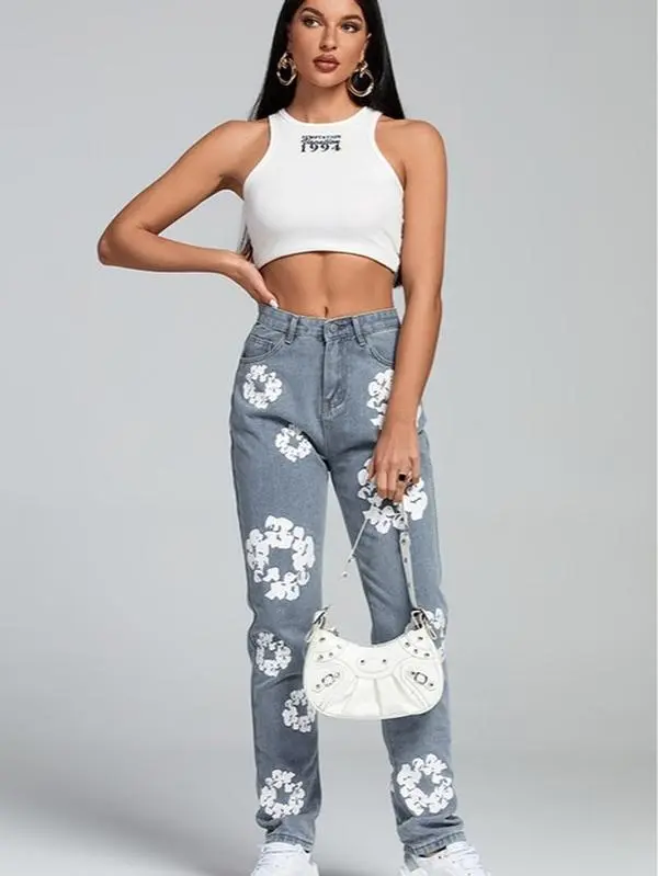 Lebellanova Women's High-Waisted Fitted Daisy Flowers Print Straight Leg Denim Jeans - Decorated Fabric Casual Women's Bottoms
