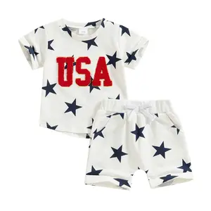Babamoon Toddler Baby Boy 4th of July Outfit USA Letter Print Short Sleeve T-Shirt Stripe Star Shorts Set Patriotic Summer Clothes