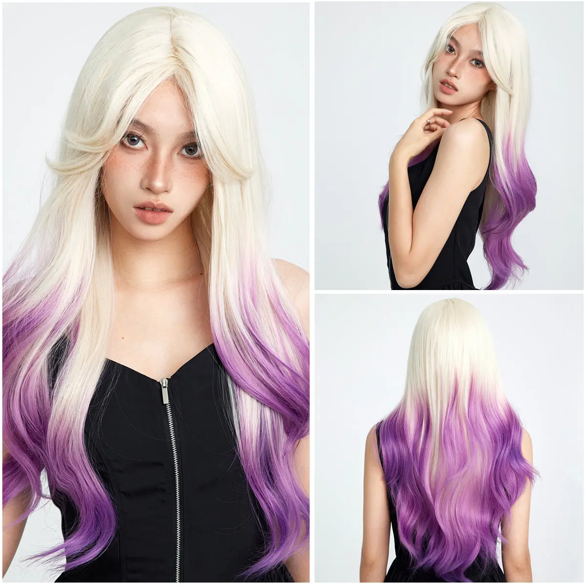 SMILCO/28-inch wig Purple Blonde Wavy Middle Parted Bangs Synthetic Wig|SM1030-2