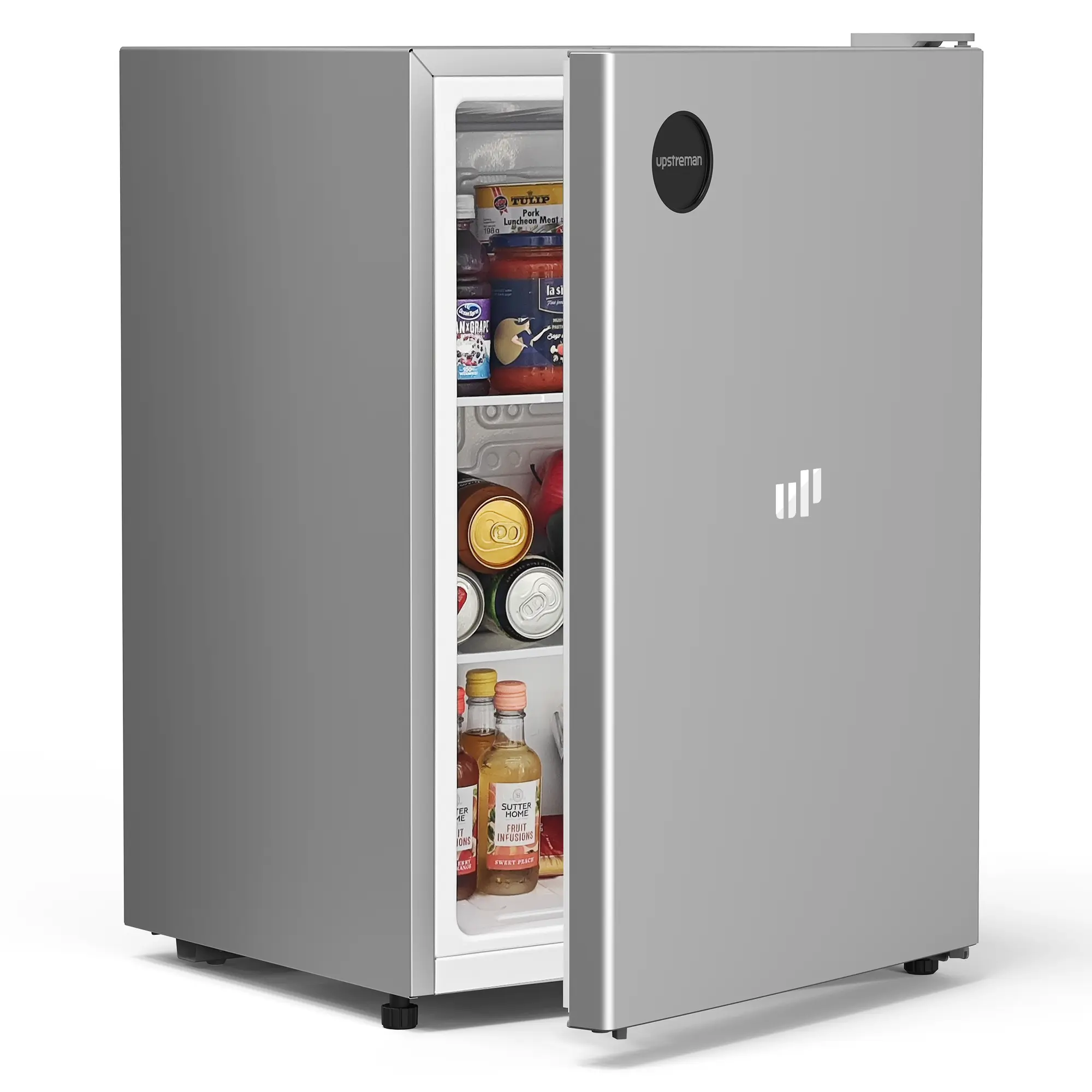 Upstreman 2.5 Cu.Ft Sleek Stainless Steel Mini Fridge - Energy Star Certified, LED Lights, Adjustable Thermostat, Reversible Door, Door Bins - Compact Refrigerator for Office, Dorm (CR26)