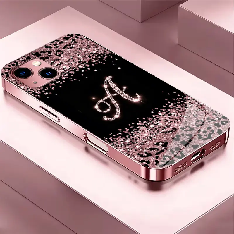 Women's High-End Electroplated Glass Phone Case for iPhone 13 - Accessories for Women, Patterned Printed Cover, Letter Choice (26 Options), YM99 Series, Non-3D Diamond Design, On Big Sale