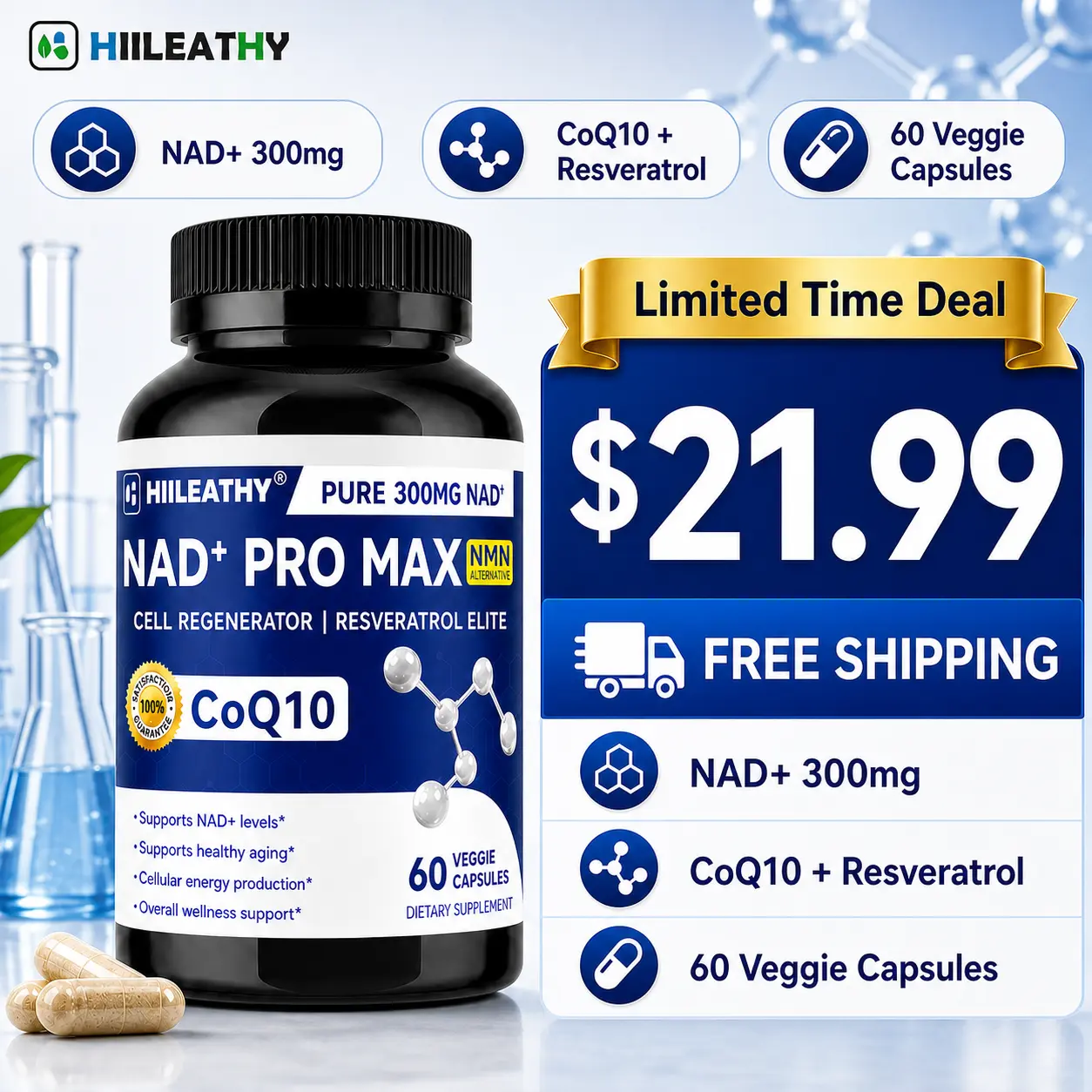 HIILEATHY NAD+ PRO MAX – Elevate Body & Mind Wellness with NAD+, CoQ10 & Resveratrol | Daily Nutrient Care & Natural Vitality Anti Aging Supplements Brain Booster