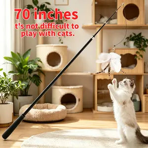 Teaser wand with a long, extendable handle is a cat toy with feathers, super long, self-entertaining, suitable for kittens, fishing rod with durable steel wire that is resistant to biting
