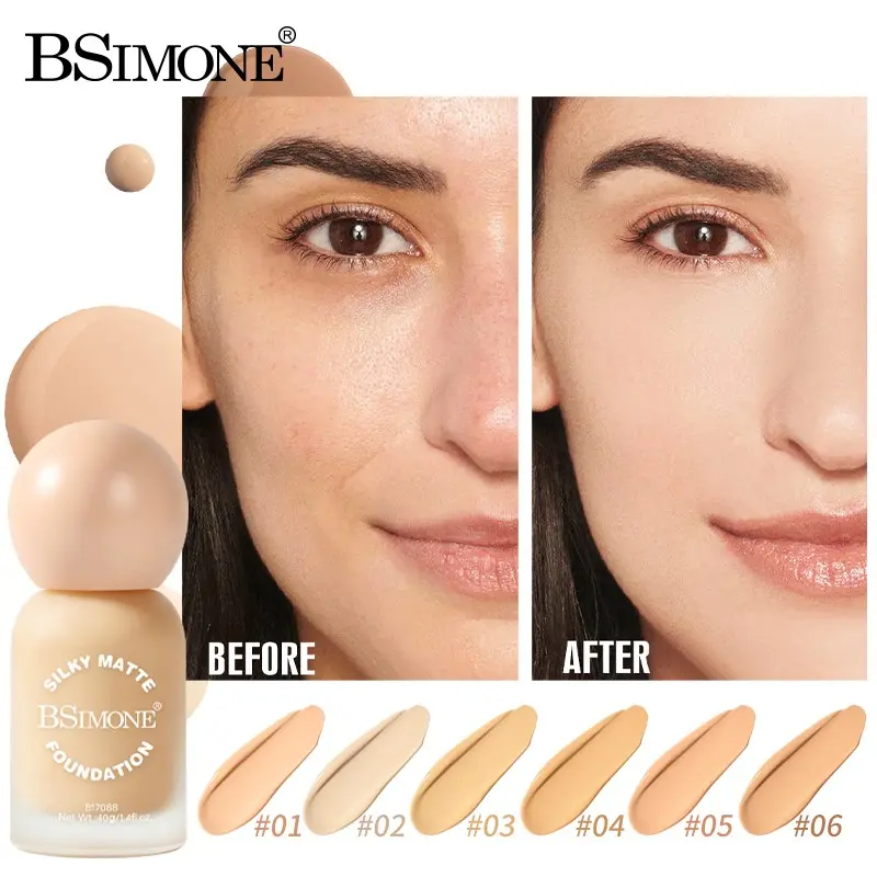 Bsimone Matte Foundation Liquid, Long-Lasting Oil-Control, Waterproof Sweatproof, Natural Finish, Lightweight, All Skin Types, Summer Outdoor Use