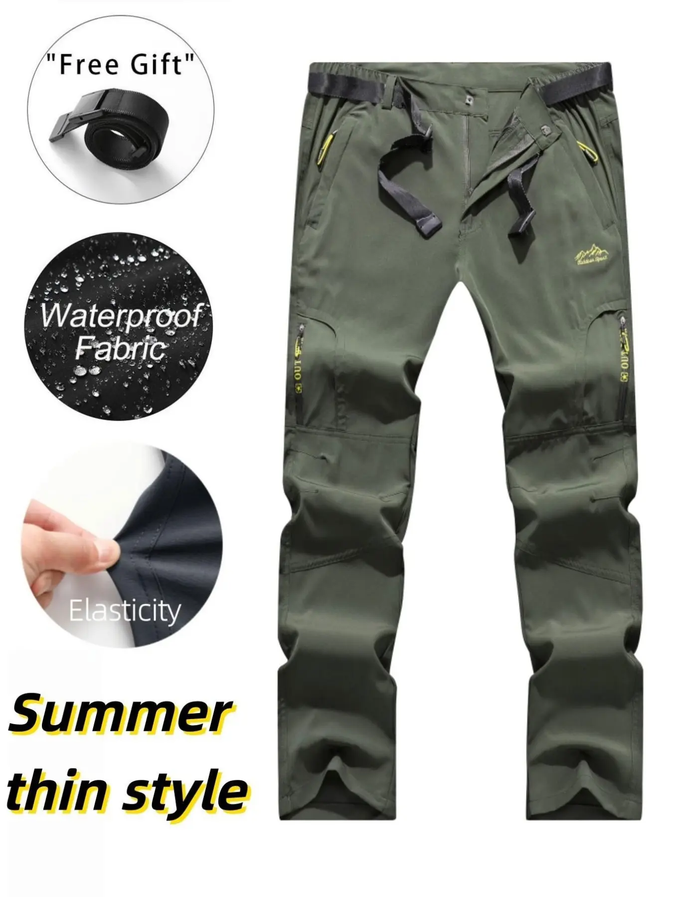 Men's Summer Lightweight Outdoor Tactical Pants, Windproof Waterproof, Multiple Zip Pockets, Waist Belt, Hiking Skiing Cycling Fishing, Trouser
