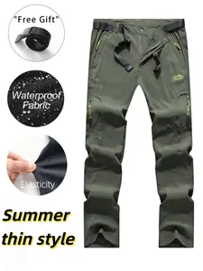 Men's Outdoor Tactical Pants, Summer Long Pants, Trouser, Windproof Waterproof, Multiple Zip Pockets, Waist Belt, Hiking Skiing Cycling Fishing