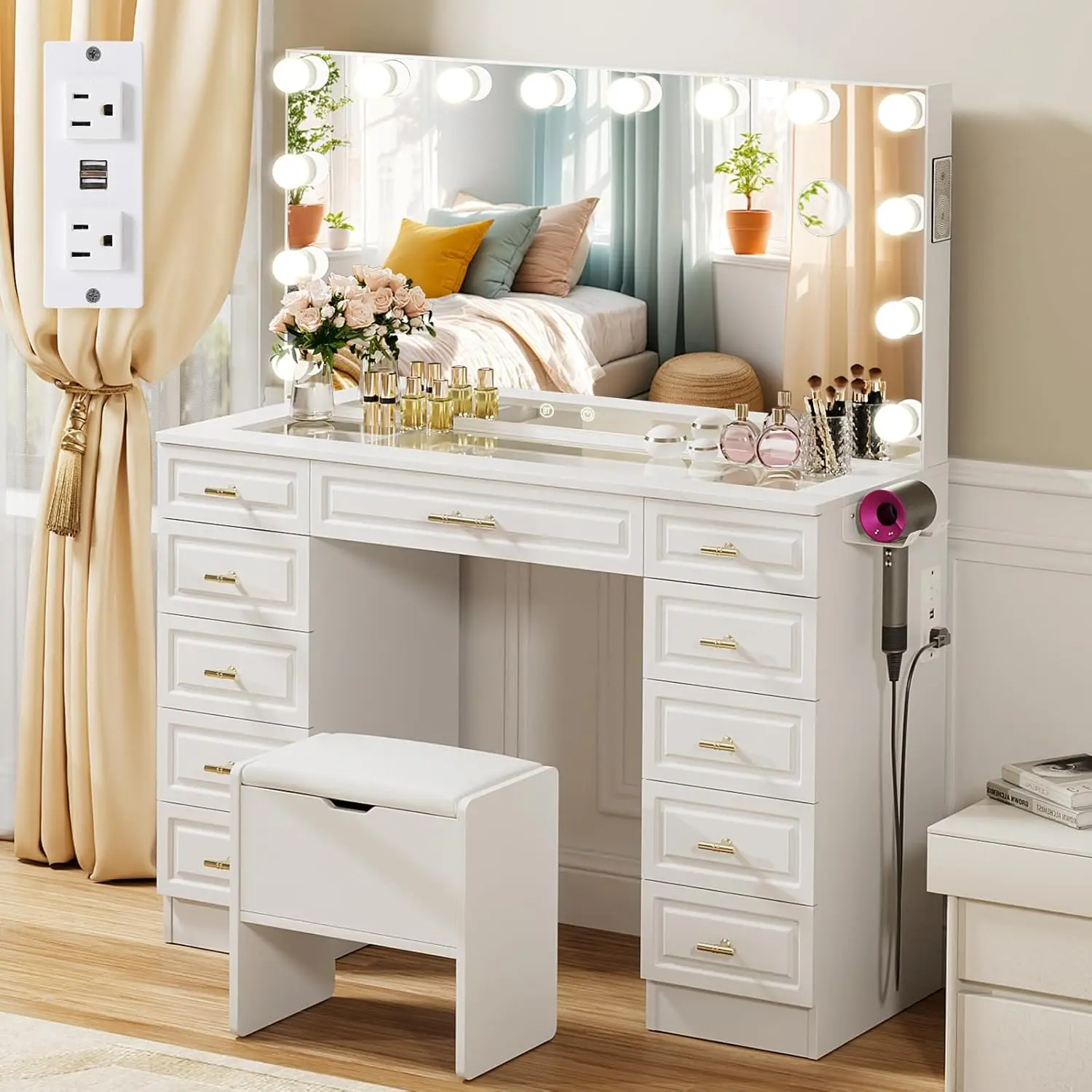 VOWNER Freestanding Makeup Vanity Desk - White Stylish Modern Tempered Glass-Top, Color-Changing Illuminated 14 Lights (3 Adjustable Brightness Modes), Bluetooth Speaker, Built-In Outlet, 11 Drawers, Padded Stool, Elegant Backlight Makeup Vanities