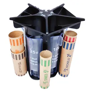 Manual Coin Counter Sorter Tube with Coin Wrappers｜Black 5-in-1 Coin Organizer Change Counter Machine, Bank Holder Easy to Use & Accurate