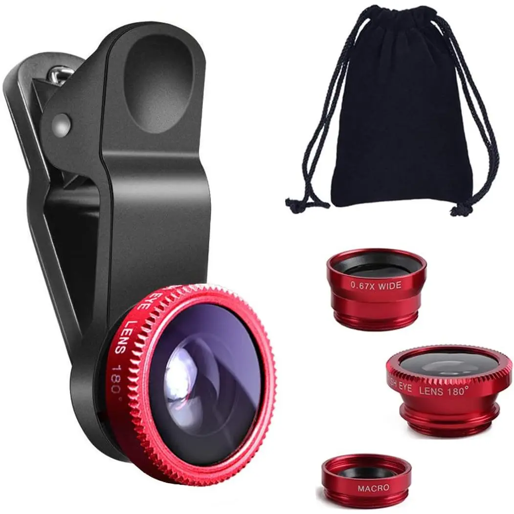 3 In 1 Set Universal Fisheye Camera Lens Kit - Clip-On Type Wide Angle, Macro Cell Phone Accessory for iPhone, iPad, Samsung, Android & Most Cellphones (Red) | Selfie Accessory