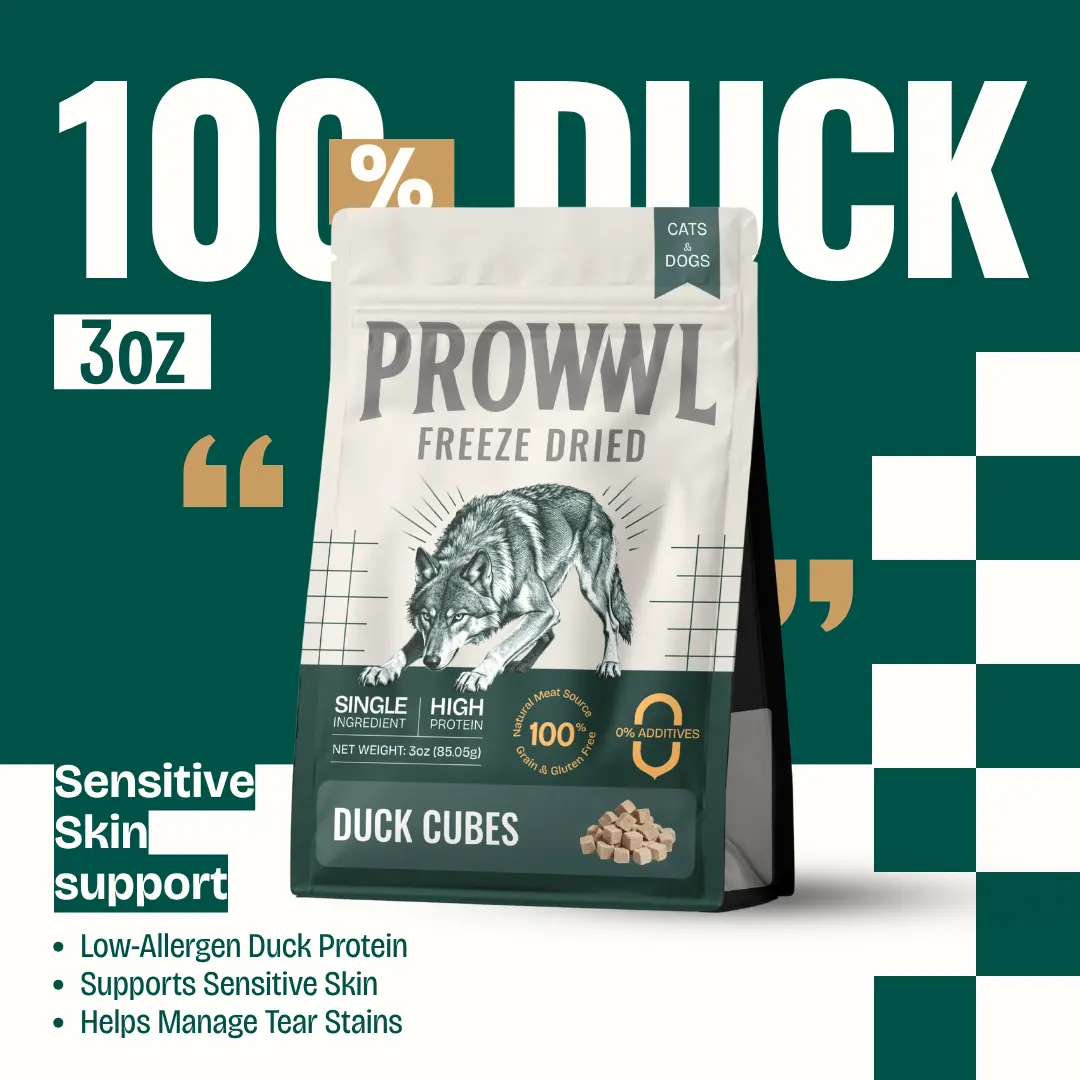 Prowwl Freeze-Dried Duck Cubes for Dogs - 100% Natural Real Meat Dehydrated & Freeze-Dried, High Protein, Grain-Free, Gluten-Free, Raw-Textured Chew, Supports Sensitive Skin & Tear Stains
