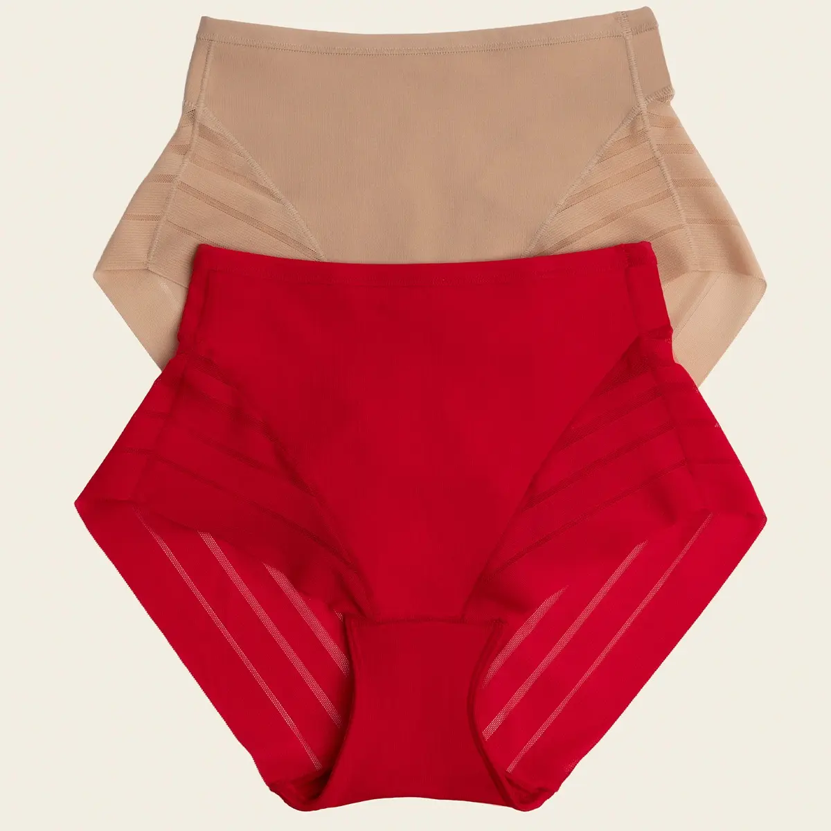 Leonisa 2-Pack Stripe Undetectable Lace Classic Shaper Panties Bundle in Golden Beige/Red - Womenswear Compression Underwear for Women