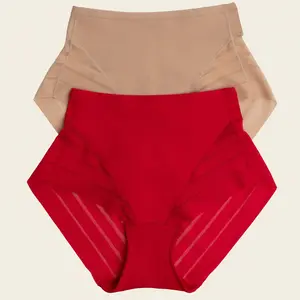 Lenisa 2-Pack Stripe Undetectable Lace Classic Shaper Panties Holiday Bundle in Golden Beige/Red - Womenswear Compression Underwear for Women
