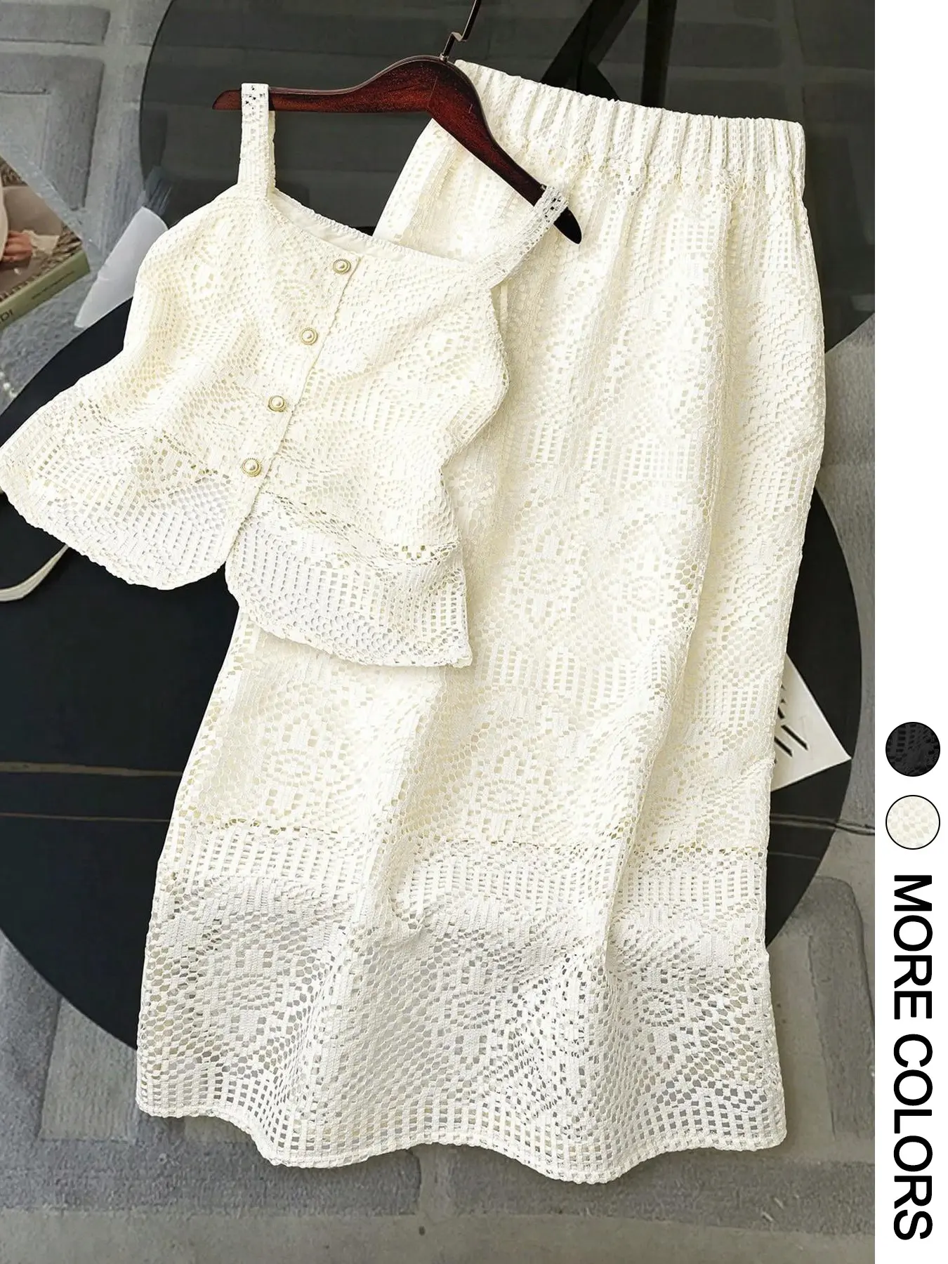 2-Piece Summer Slim Outfits for Women, Elegant Lace Cami Top and High Waist Skirt Set, Openwork Knit Set, Casual Vacation Party Wear, Womenswear