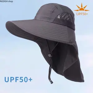 UPF50+ Wide Brim Sun Hat - Trendy Breathable Mesh Neck Flap Bucket Hat with Adjustable Drawstring, Lightweight Foldable Quick Dry UV Protection Cap for Men Women, Perfect for Beach Fishing Hiking Outdoor Sports & Summer Travel