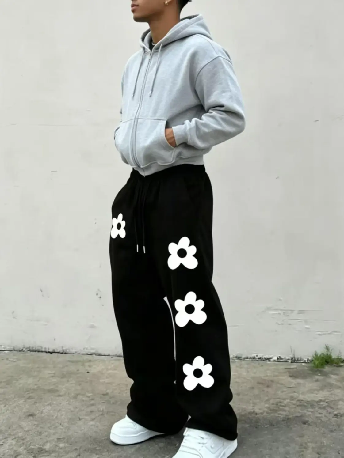 Men's Vintage Floral Print Sweatpants - Athleisure Style Bottoms, Casual Baggy Polyester Jogging Pants, Wide-Leg Flower Power Trousers with Elastic Drawcord Waist, Sporty Chic Casual Wear