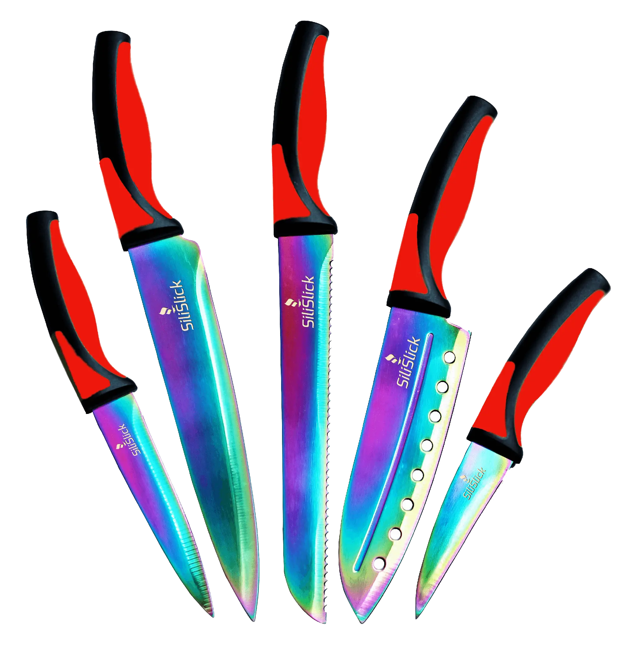 Kitchen Knife Set with Titanium-Coated Blades, Red Handles