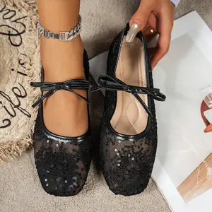 Women's Embroidered Mesh Netted Ballet Flats, Elegant Fashion Square-Toe Flat Shoes for Parties and Daily Wear, Summer Lightweight Breathable Comfortable Footwear for Women & Girls, Ballerina Flats Shoes