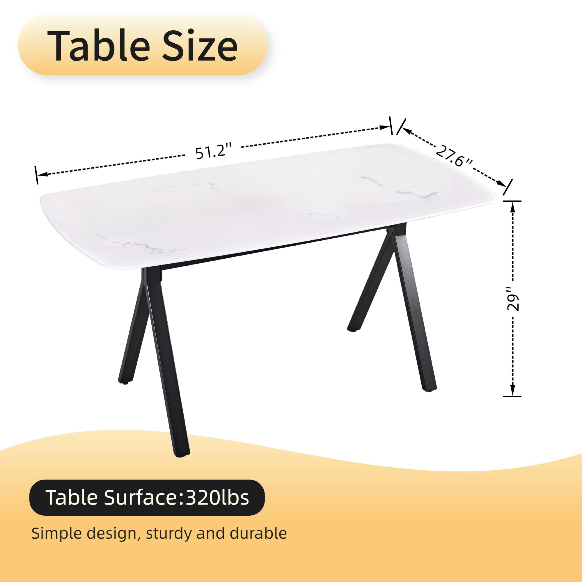 51.2"L x 27.6"W x 29"H Rectangular Dining Table – Tempered Glass Marble-Pattern Top & Metal Legs for Kitchen, Living Room, Restaurant