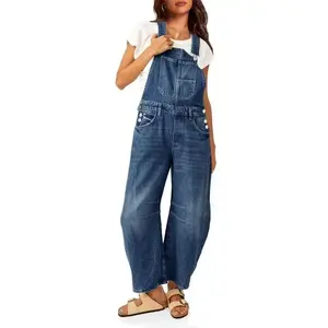 Womens Denim Bib Overalls Barrel Leg Adjustable Strap Jean Pants Jumpsuits with Pockets