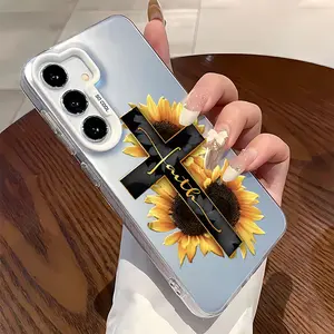 Sunflower Cross Pattern Acrylic TPU mobile phone case for Samsung Galaxy S25 S24 S23 S22 PLUS ULTRA FE camera full protector fashion high quality design fingerprint resistant gift anti drop durable