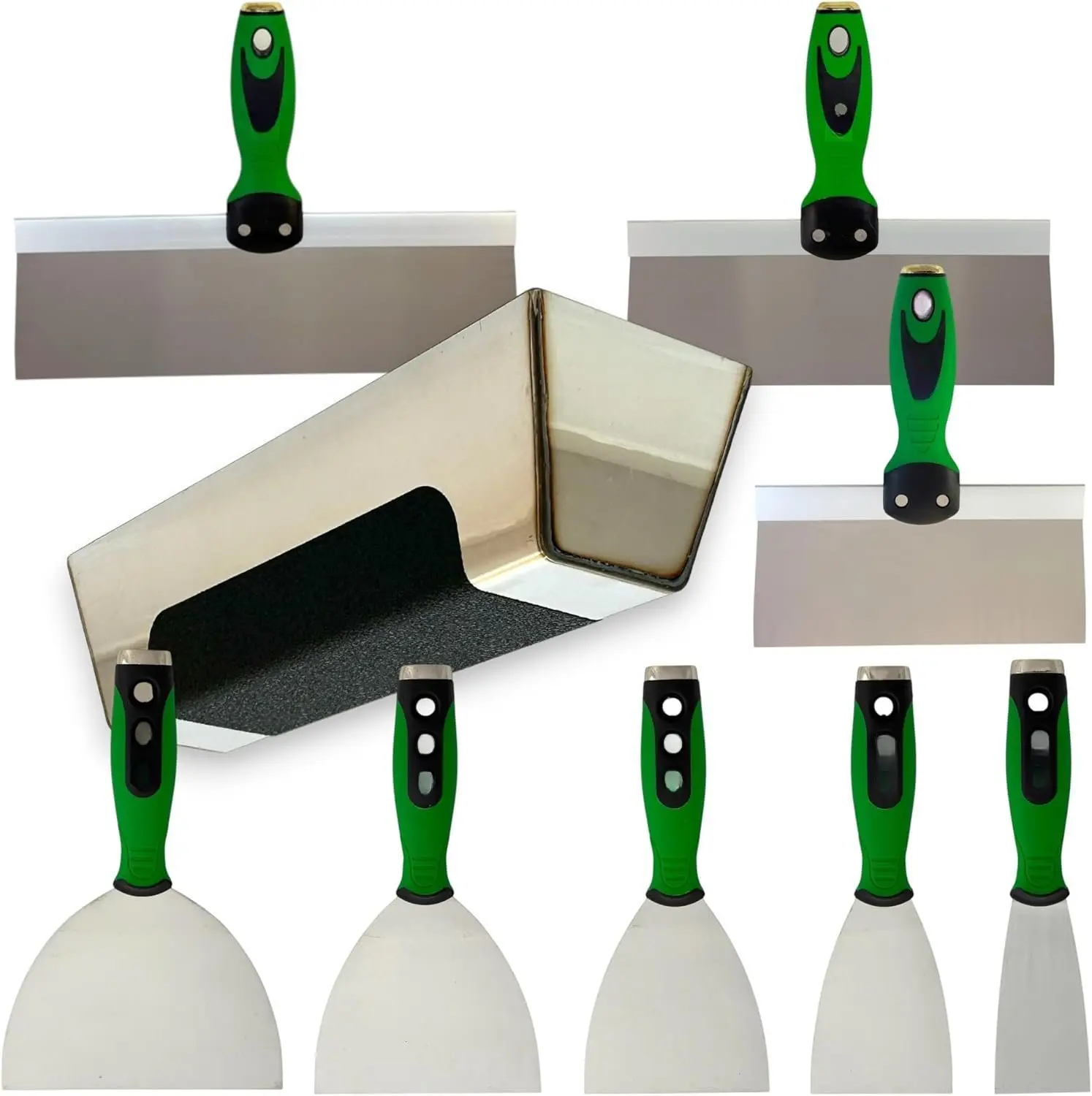 's Flexible Stainless Steel Drywall Taping  Set with 12" Mud Pan and Grip,  Flexible Putty , 8 10 and 12" Coating  with Curved Handles Contoured to the Palm of Your Hand