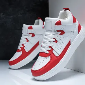 Men's High-Top PU Leather Skateboard Shoes - Soft Comfortable Sports Shoes for Outdoor Leisure - Breathable White & Red Options