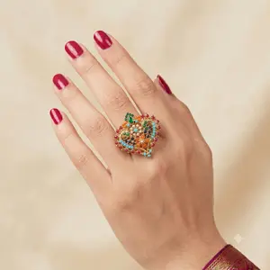 Nauratan Premium Gold-Plated Adjustable Fitted Rings - Women's Fashion Jewelry Accessory, Beaded Gemmed, Jeweled, Ornate Gold-Tone, Gold Rings