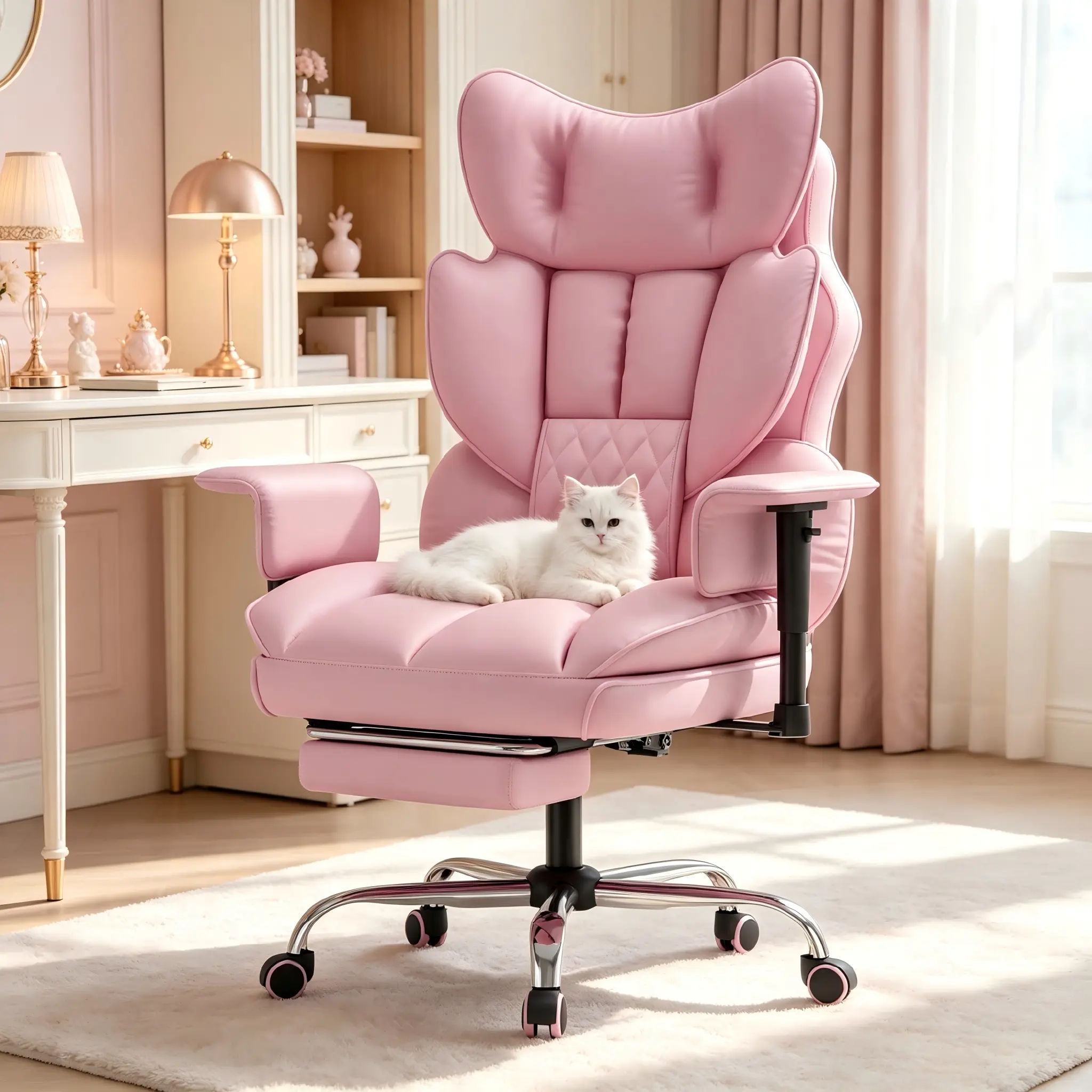 【Sweet!!!】Mr IRONSTONE Big and Tall Ergonomic Reclining Office Chair, 350LBS Gaming Desk Chair with Retractable Footrest & Adjustable Armrests, 135° Recline, Wide Cloud Comfort Cushion Eases Lower Back Pain Home Office Baby Pink
