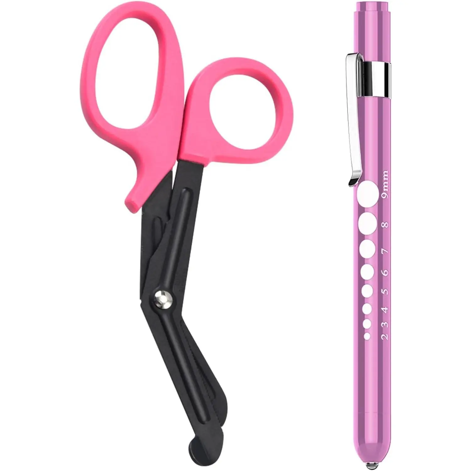 Unisex Portable 2-Pack Healthcare Accessories Set - 6-in Stainless Steel Trauma Scissors (Cutting Supplies), Push Button Penlight, Bandages for Nurses, Doctors (Pink) Party Bag Gift for Home/Office, Trauma Care