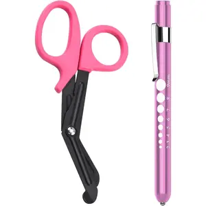 2 Pack Medical Scissors and Penlights for Nurses Medical Supplies with One Medical Pen light, One 6 inches Scissors Trauma Shears for First Aid EMT (Pink) Nursing StudentsSurfoze