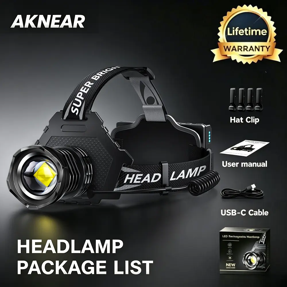 AKNEAR Rechargeable 200000LM Ultra-Bright LED Headlamp, 12 Modes & 2-in-1 Zoomable Focus Tactical Light, 125° Adjustable Angle, IPX7 Waterproof, Up to 30-Day Long Battery Life for Construction, Hiking, Camping, Fishing & Emergency