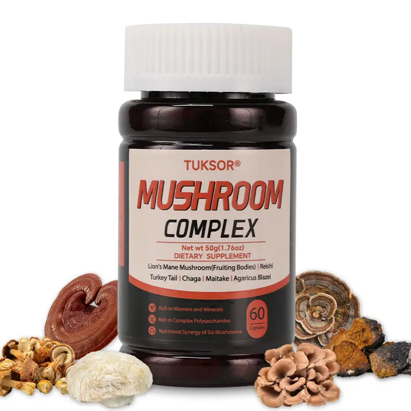 TUKSOR Organic Functional Mushroom Supplement Complex Capsules (60 Caps) - Multi-Blend with Stress-Resist Reishi, Lion’s Mane, Turkey Tail, Chaga, Maitake, Agaricus Blazei, Botanical Extracts for Adult Brain Health, Digestive Health Support, Functional Mu
